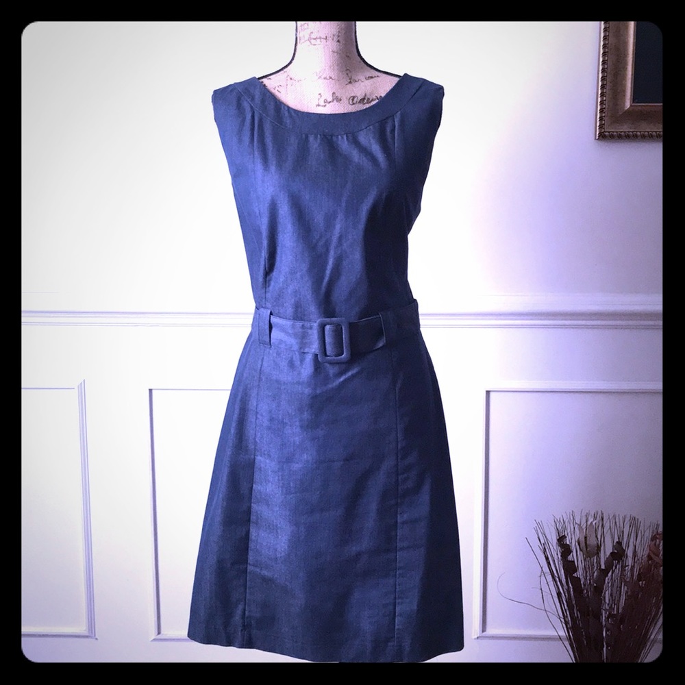Denim dress with belt.